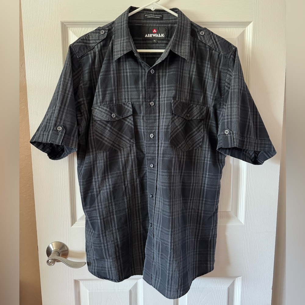 Airwalk Mens Plaid Short‎ Sleeve Button Up Shirt Black Grey Size XL